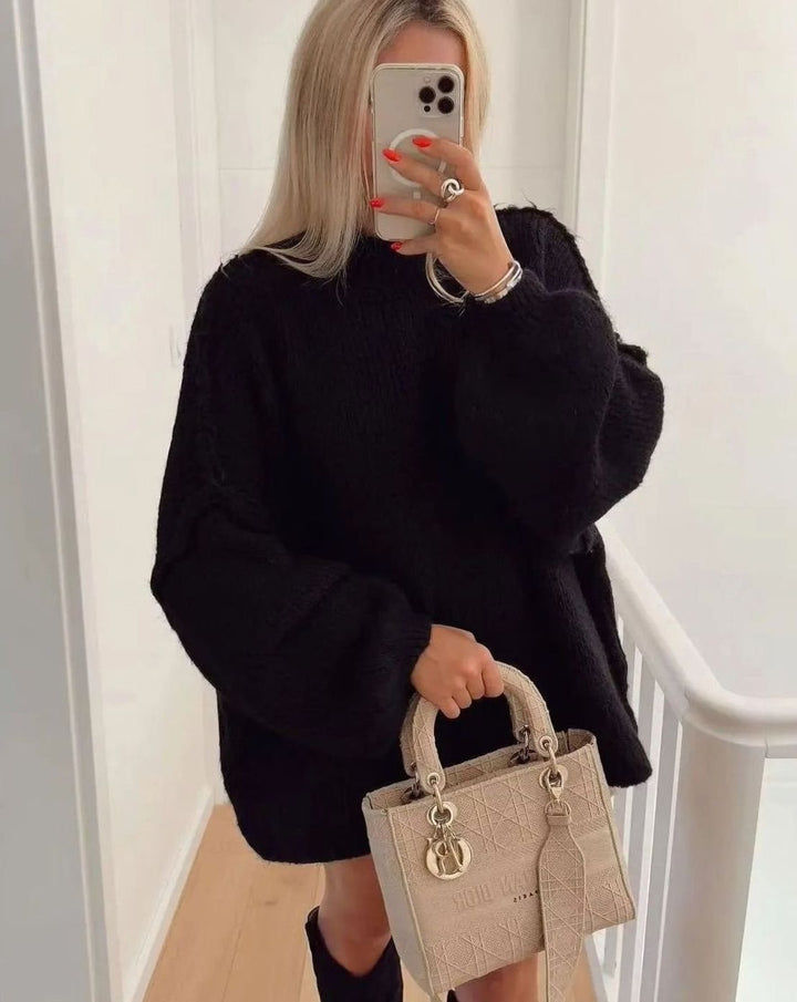 Women's Oversized Turtleneck Sweater Long Sleeve Knit Pullover - Black