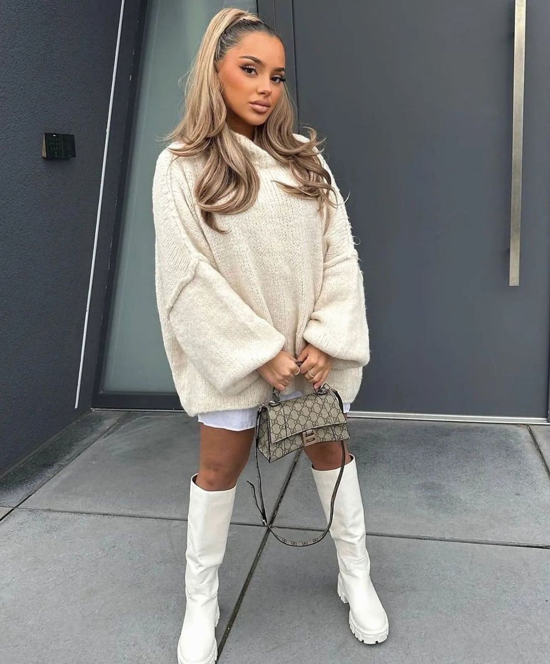 Women's Oversized Turtleneck Sweater Long Sleeve Knit Pullover - Apricot