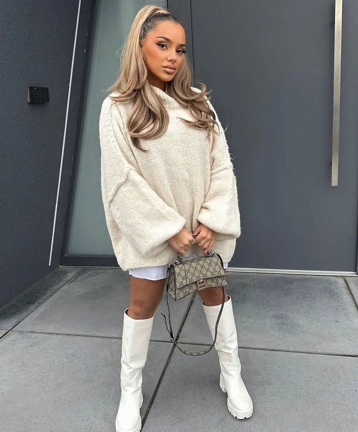 Women's Oversized Turtleneck Sweater Long Sleeve Knit Pullover - Apricot