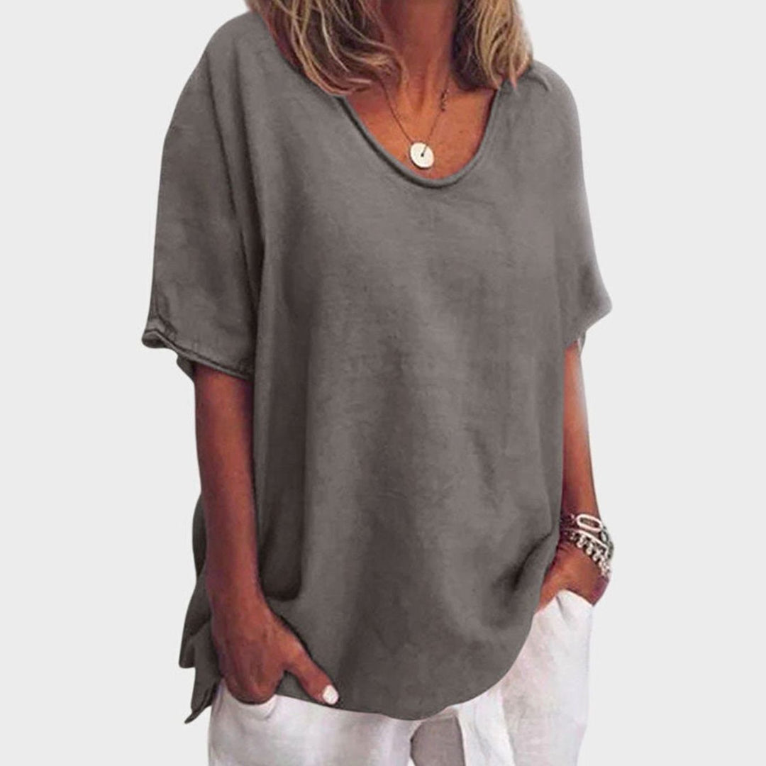 Women's Oversized U-Neck Short-Sleeve Loose Top - Dark Gray