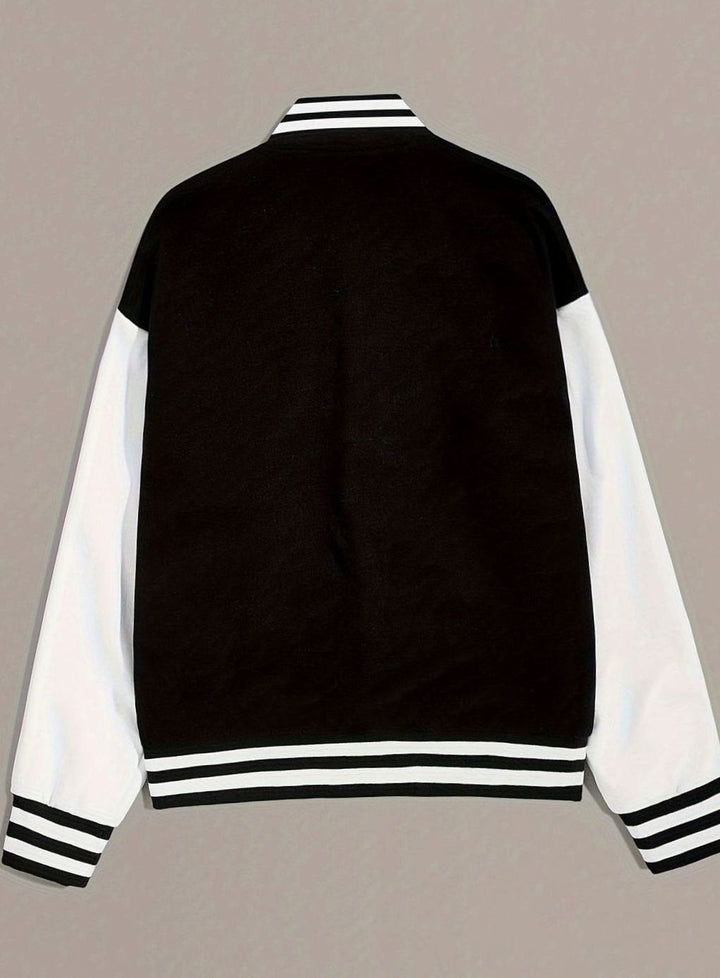 Women's Oversized Varsity Bomber Jacket Contrast Sleeve Snap-Button