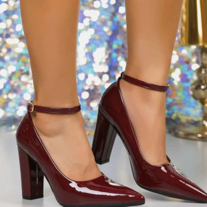 Women's Patent Block-Heel Ankle-Strap Pointed-Toe Pumps - Red