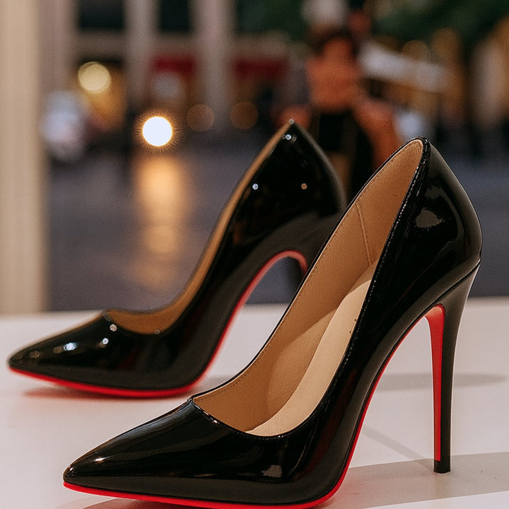 Women's Patent Leather Pointed-Toe Stiletto Elegant Heels Red Sole - Black