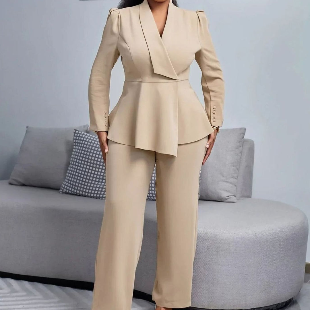 Women's Peplum Blazer Wide-Leg Tailored Suit Set - Khaki