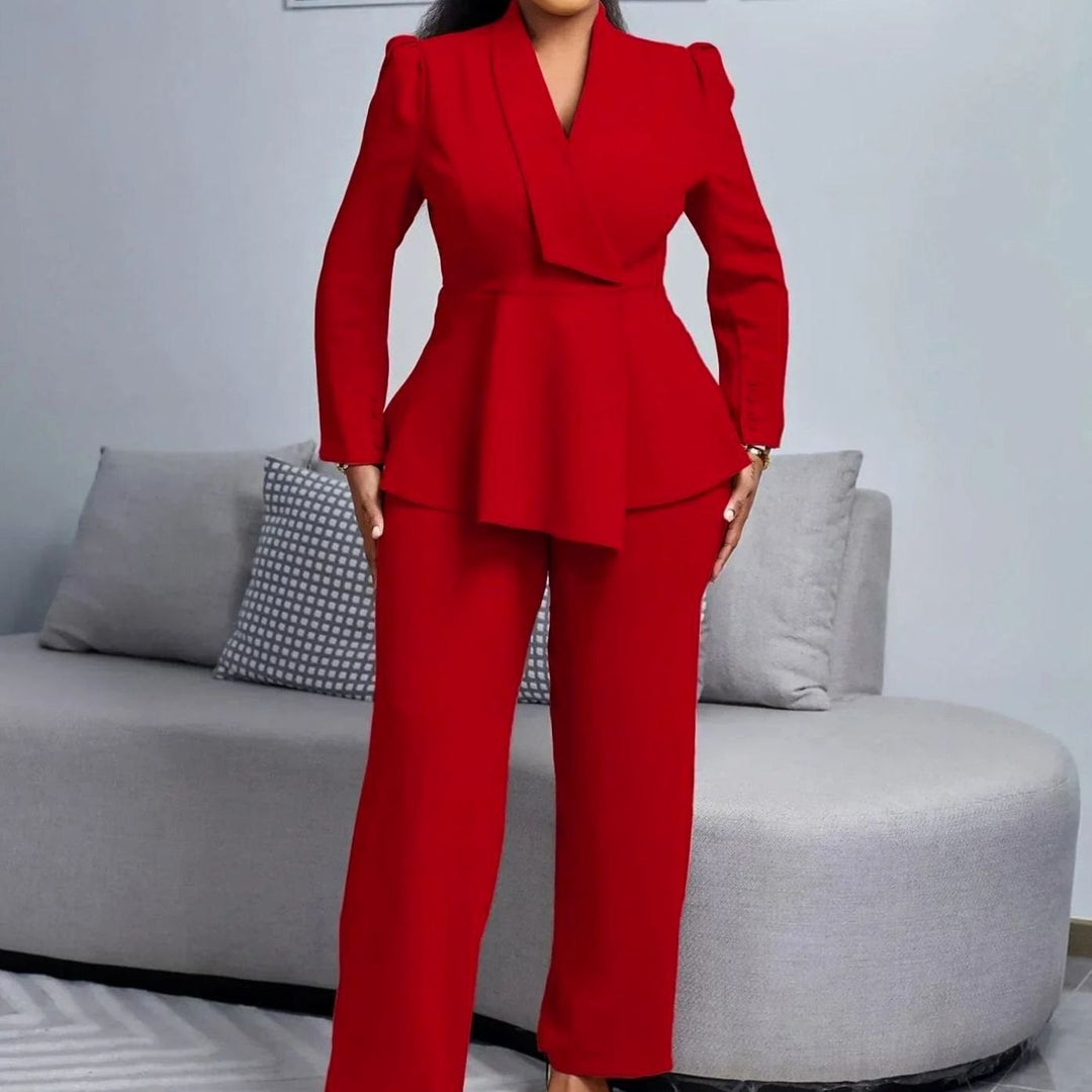 Women's Peplum Blazer Wide-Leg Tailored Suit Set - Burgundy