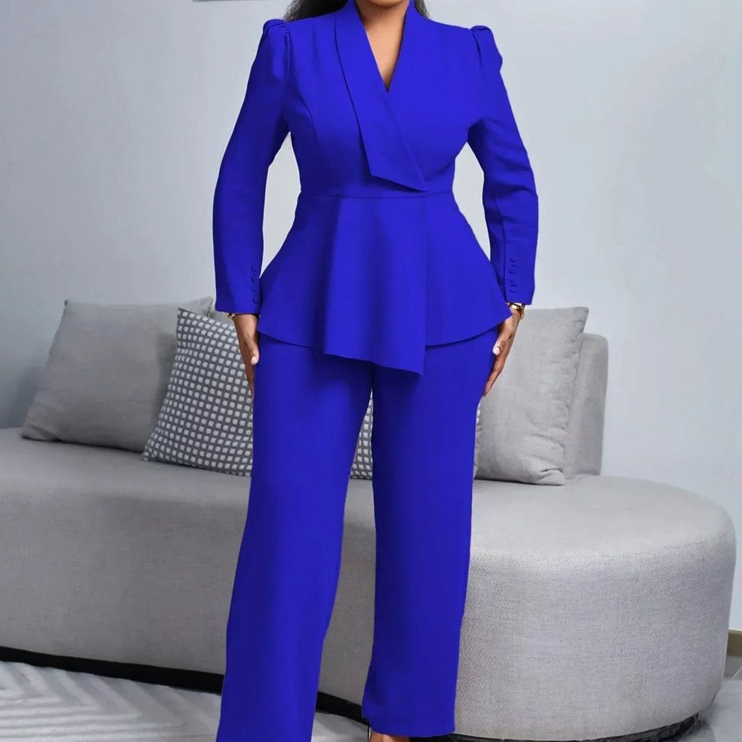 Women's Peplum Blazer Wide-Leg Tailored Suit Set - Royal Blue