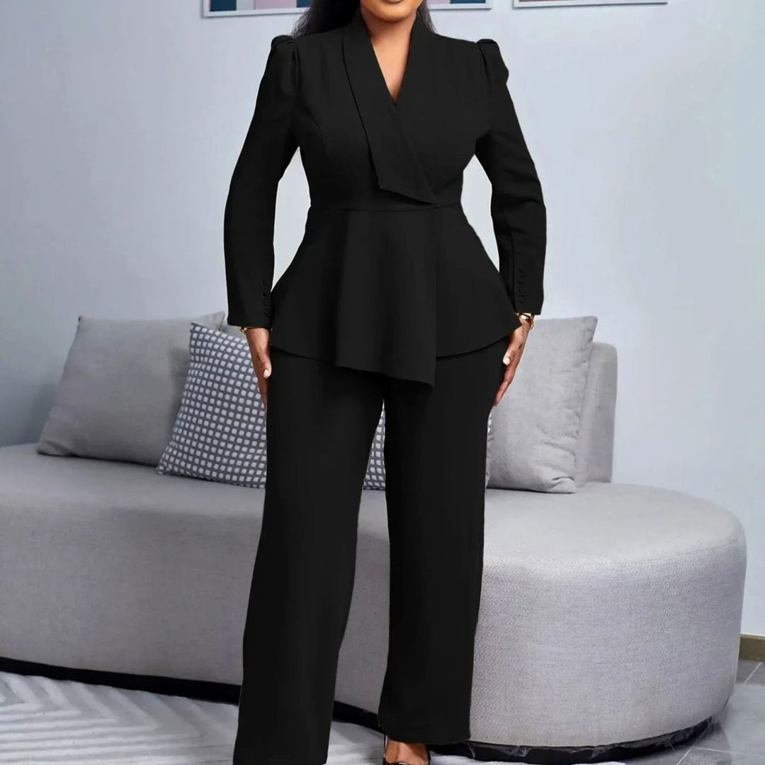 Women's Peplum Blazer Wide-Leg Tailored Suit Set - Black