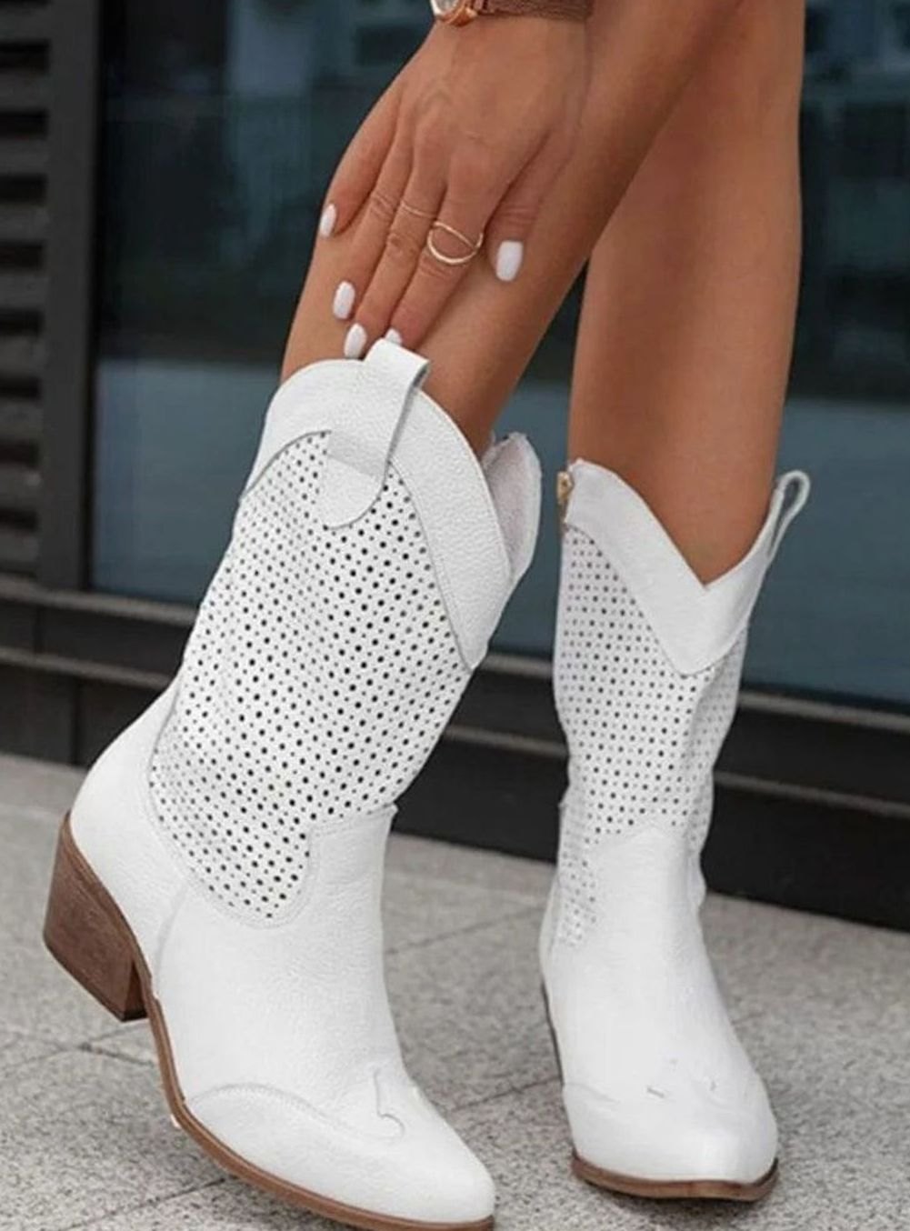Women's Perforated Side-Zip Block-Heel Western Boots - White