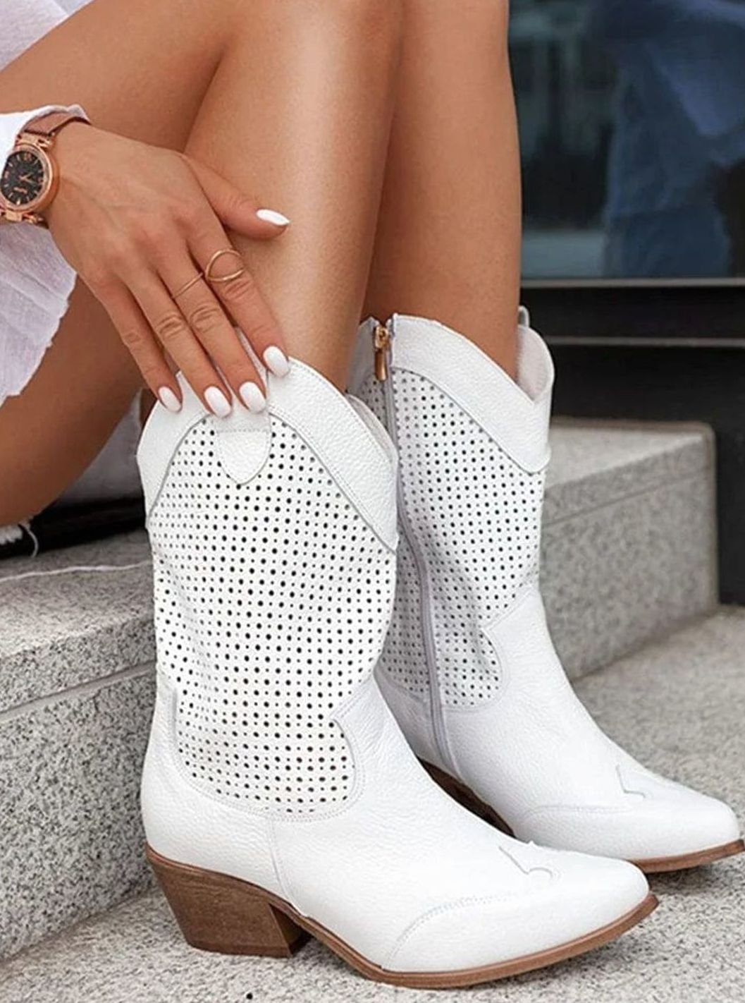 Women's Perforated Side-Zip Block-Heel Western Boots