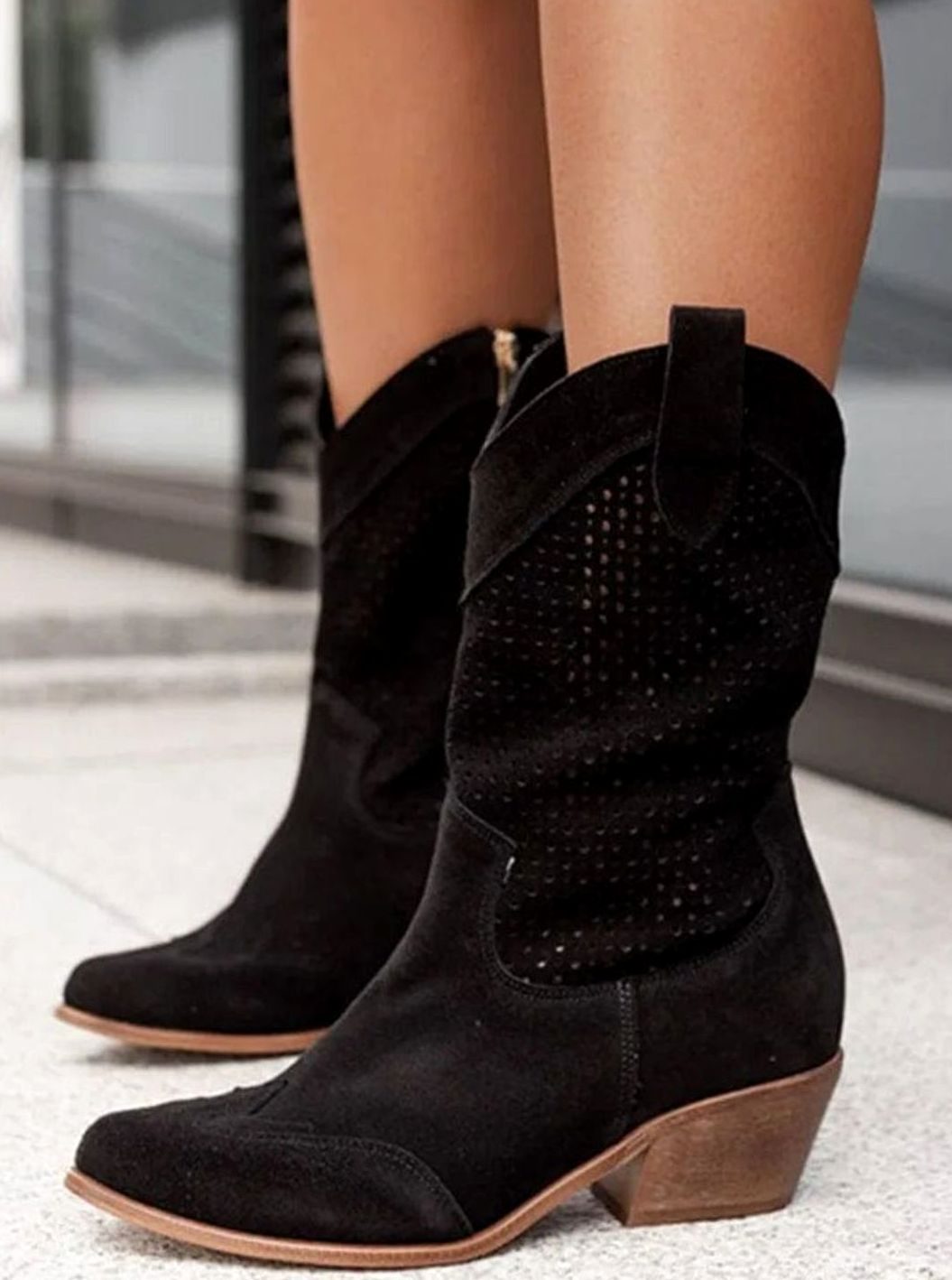 Women's Perforated Side-Zip Block-Heel Western Boots - Black