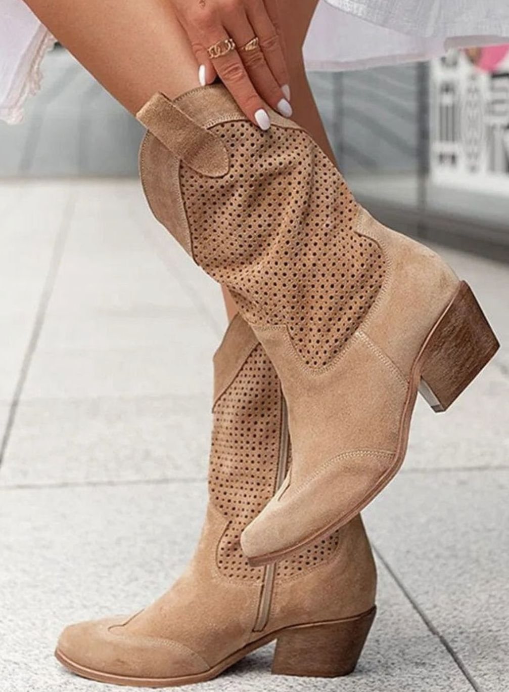 Women's Perforated Side-Zip Block-Heel Western Boots - Brown