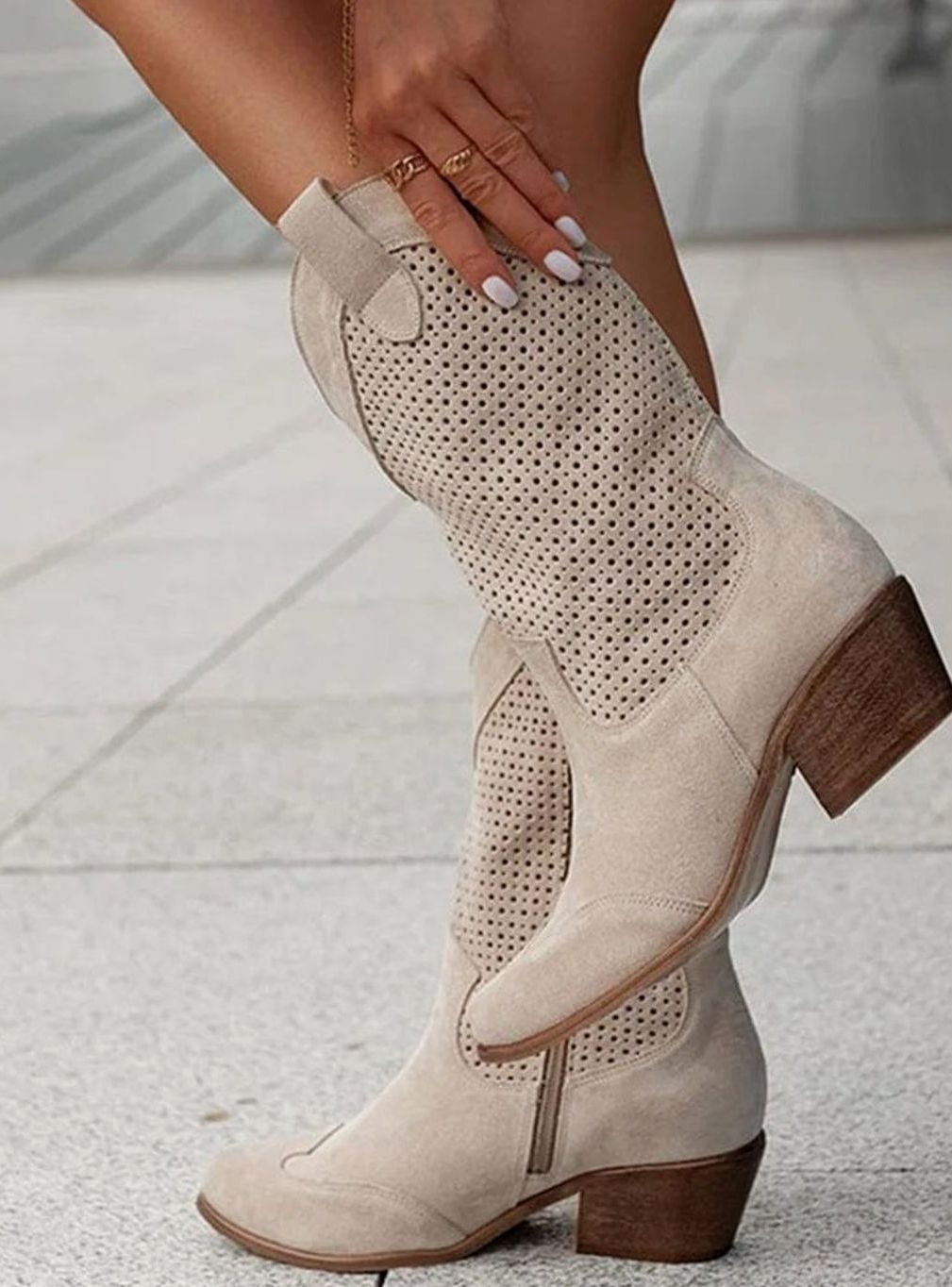 Women's Perforated Side-Zip Block-Heel Western Boots