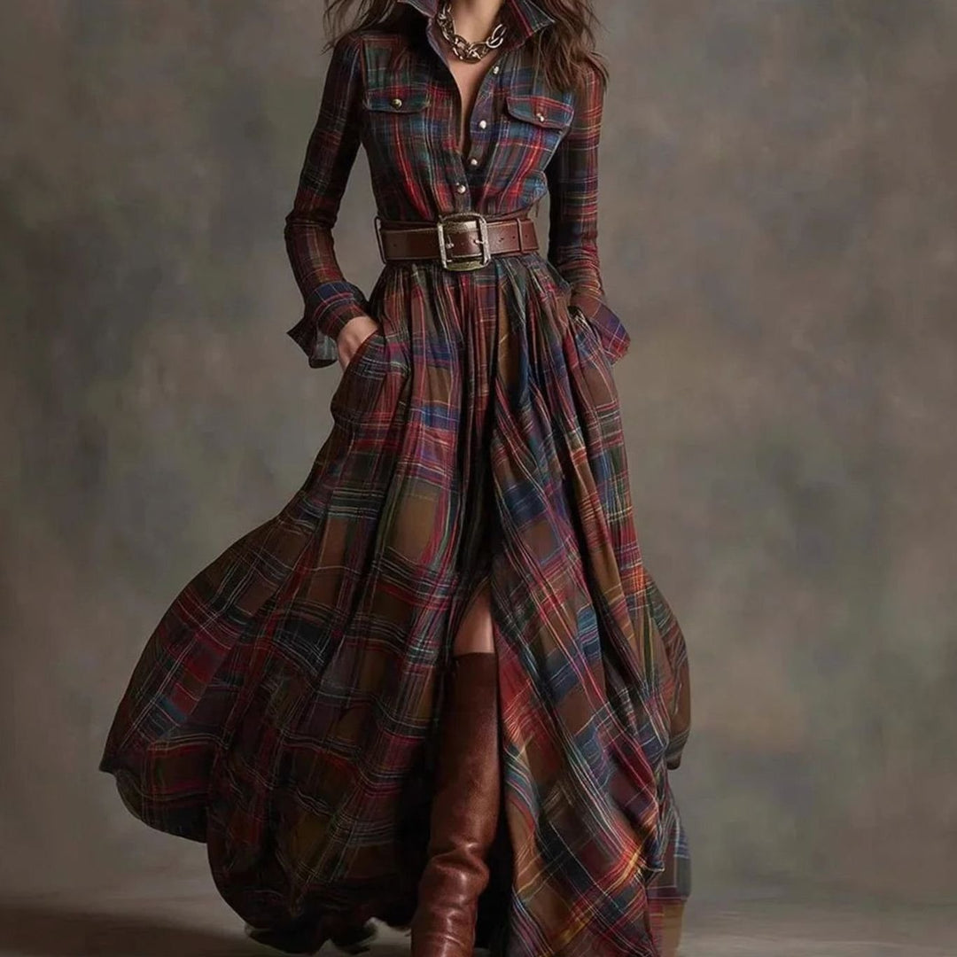 Women's Plaid Long-Sleeve Belted Maxi Dress Lapel Collar - Multi-colored