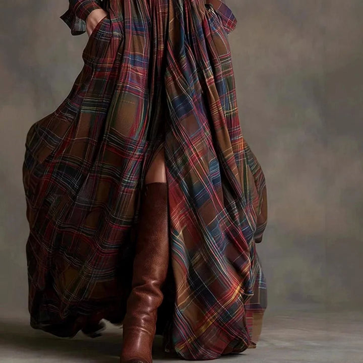 Women's Plaid Long-Sleeve Belted Maxi Dress Lapel Collar
