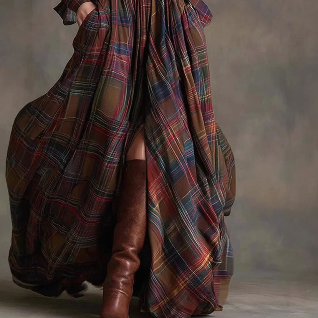 Women's Plaid Long-Sleeve Belted Maxi Dress Lapel Collar
