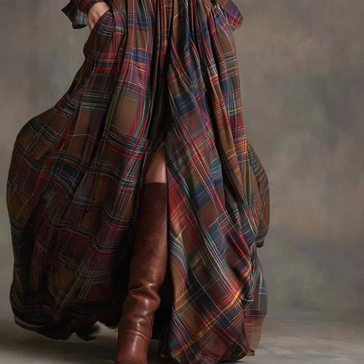 Women's Plaid Long-Sleeve Belted Maxi Dress Lapel Collar