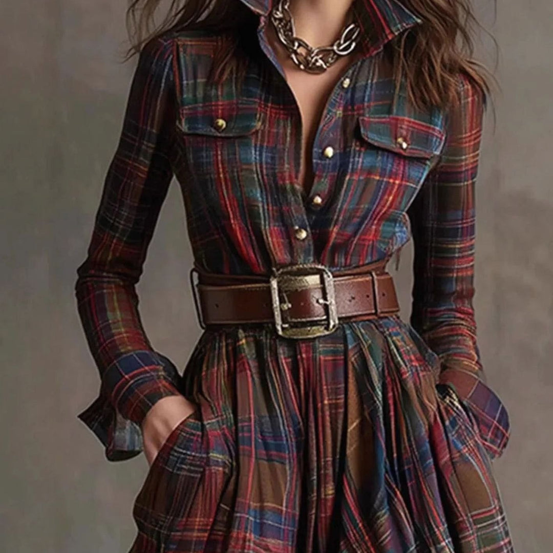 Women's Plaid Long-Sleeve Belted Maxi Dress Lapel Collar