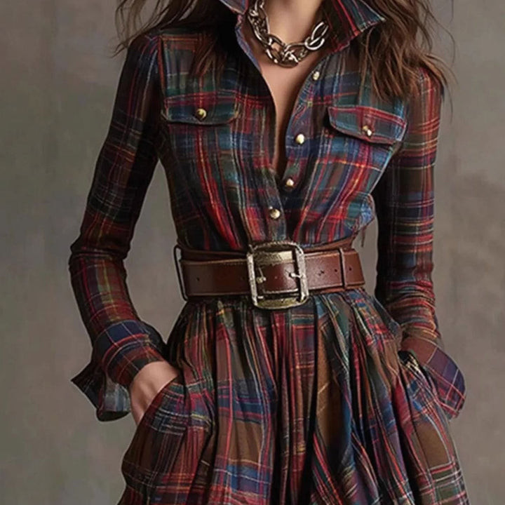 Women's Plaid Long-Sleeve Belted Maxi Dress Lapel Collar