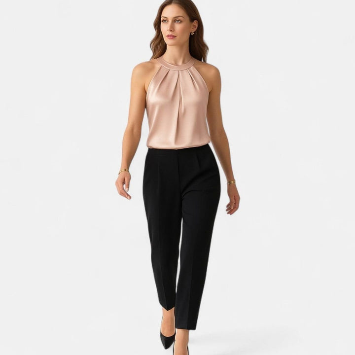 Women's Pleated-Front Draped Halter-Neck Satin Tank