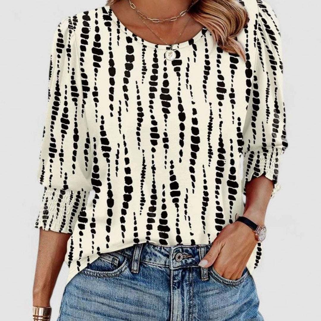 Women's Puff-Sleeve Smocked Top Relaxed-Fit Crew Neck Blouse - Black Dots
