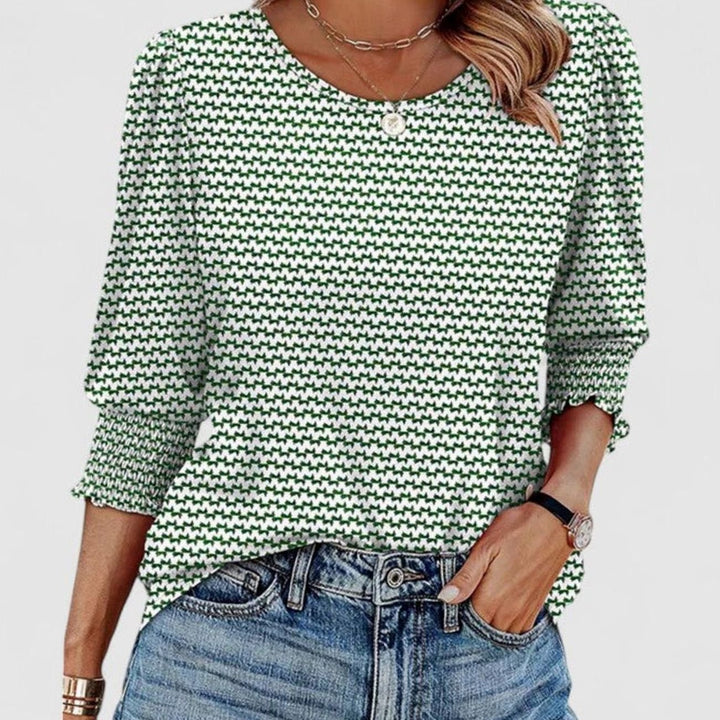 Women's Puff-Sleeve Smocked Top Relaxed-Fit Crew Neck Blouse - Green Floral Pattern