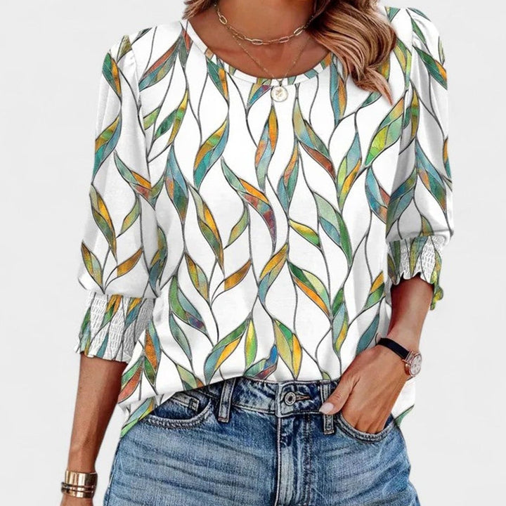 Women's Puff-Sleeve Smocked Top Relaxed-Fit Crew Neck Blouse - Colorful Leaves