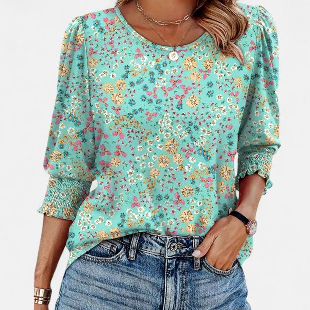 Women's Puff-Sleeve Smocked Top Relaxed-Fit Crew Neck Blouse - Lake Green Bottom Floral