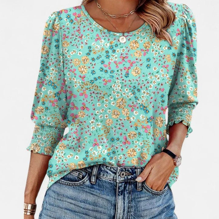 Women's Puff-Sleeve Smocked Top Relaxed-Fit Crew Neck Blouse - Lake Green Bottom Floral