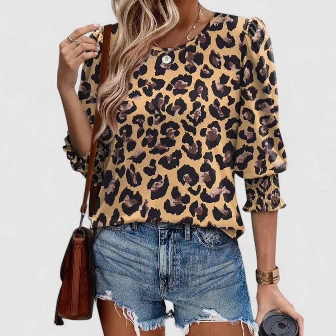 Women's Puff-Sleeve Smocked Top Relaxed-Fit Crew Neck Blouse - Leopard Print