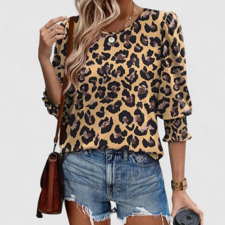 Women's Puff-Sleeve Smocked Top Relaxed-Fit Crew Neck Blouse - Leopard Print