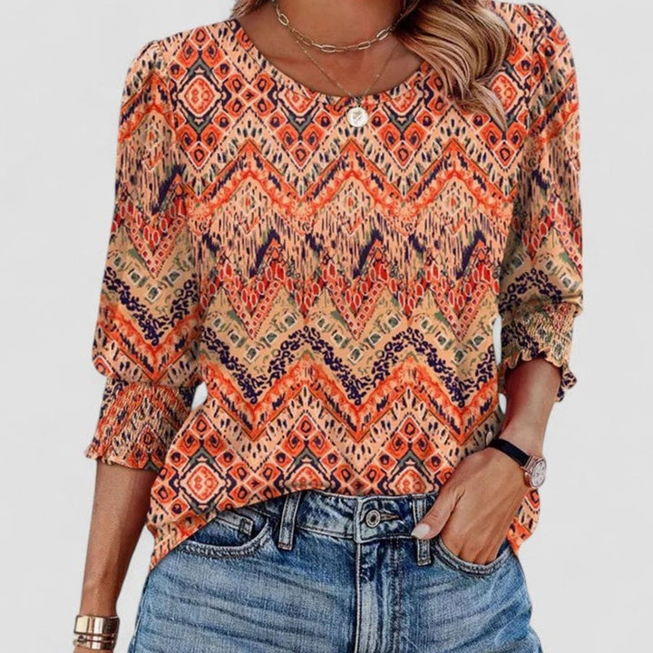 Women's Puff-Sleeve Smocked Top Relaxed-Fit Crew Neck Blouse - Orange-Red