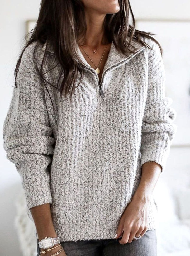 Women's Quarter-Zip Ribbed Sweater Cozy Knit Pullover - Grey
