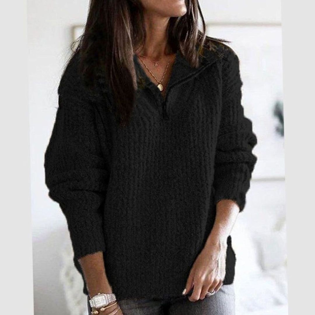 Women's Quarter-Zip Ribbed Sweater Cozy Knit Pullover - Black