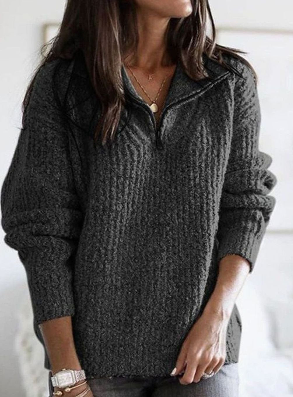 Women's Quarter-Zip Ribbed Sweater Cozy Knit Pullover - Dark Grey