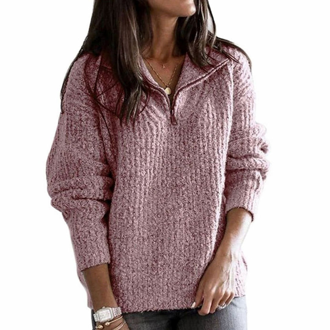 Women's Quarter-Zip Ribbed Sweater Cozy Knit Pullover - Pink