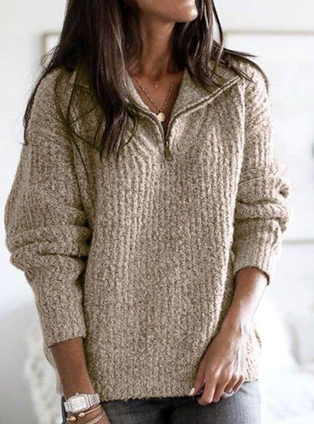 Women's Quarter-Zip Ribbed Sweater Cozy Knit Pullover - Khaki