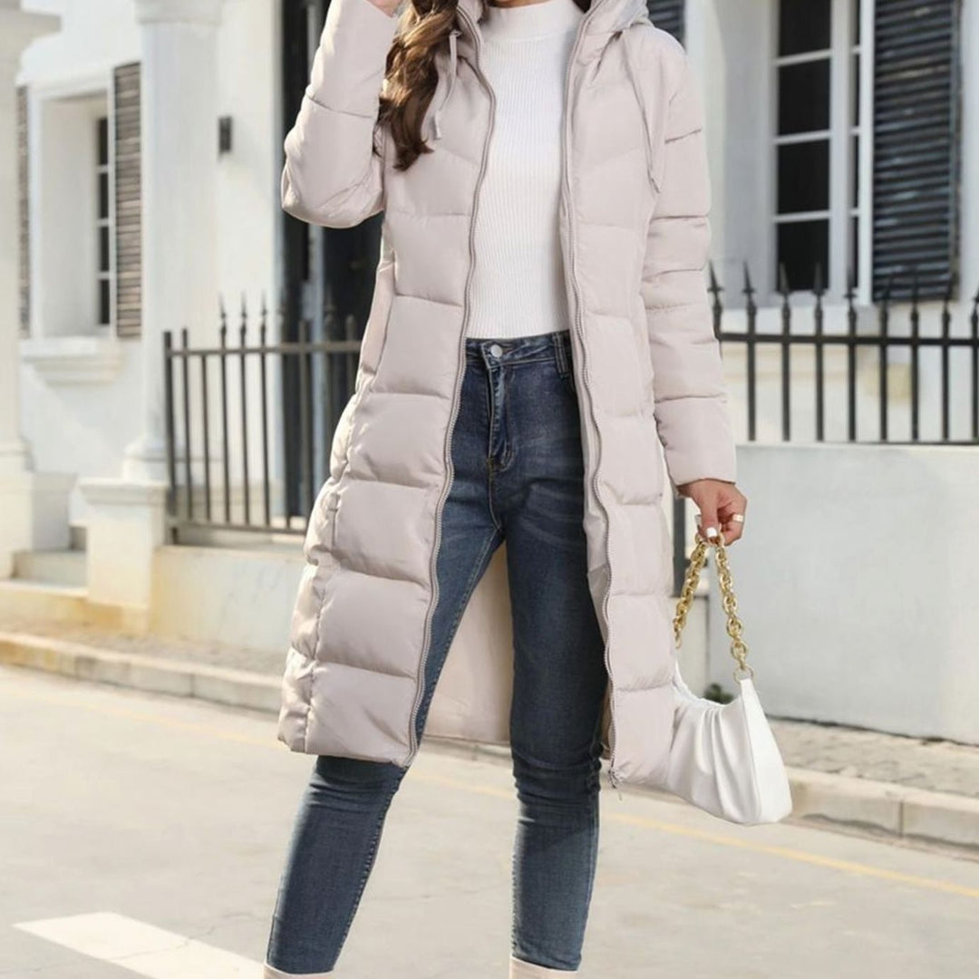 Women's Quilted Hooded Full-Length Zip-Up Winter Coat - Beige