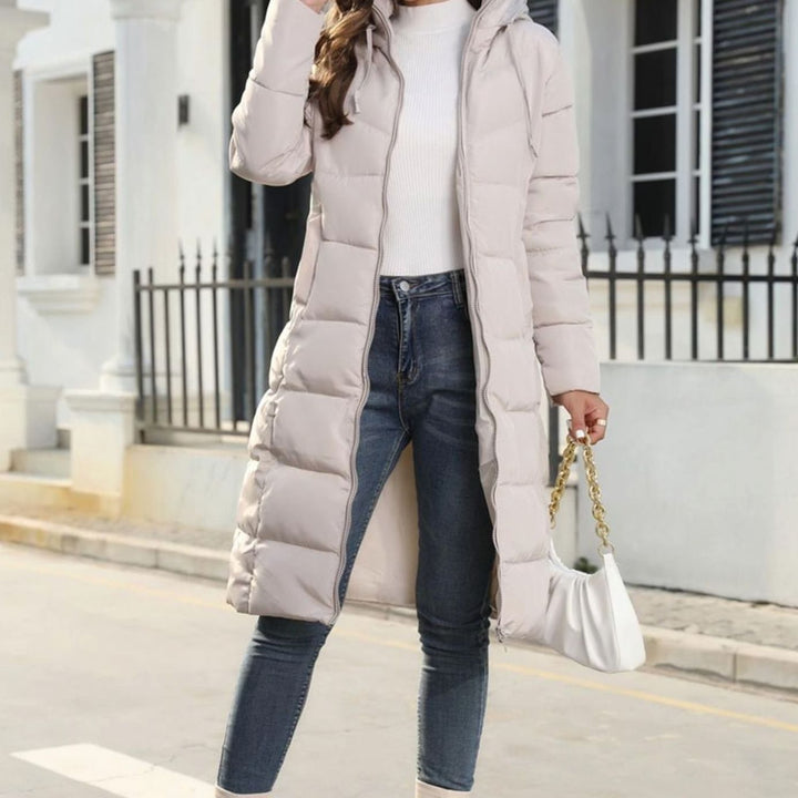 Women's Quilted Hooded Full-Length Zip-Up Winter Coat - Beige