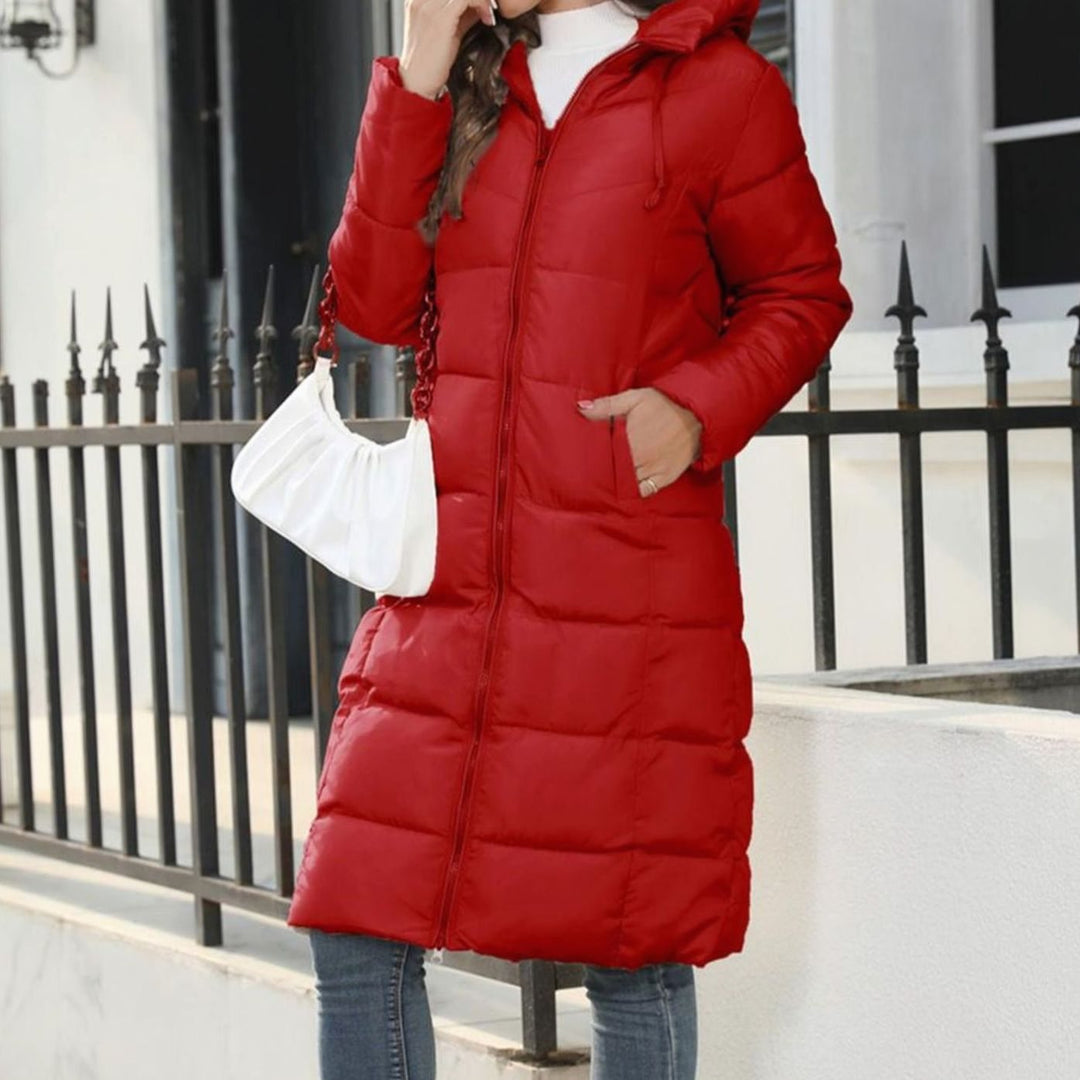 Women's Quilted Hooded Full-Length Zip-Up Winter Coat - Red