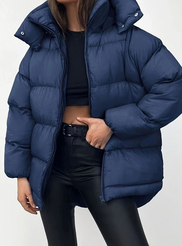 Women's Quilted Zip-Up Stand-Collar Puffer Jacket - Navy Blue