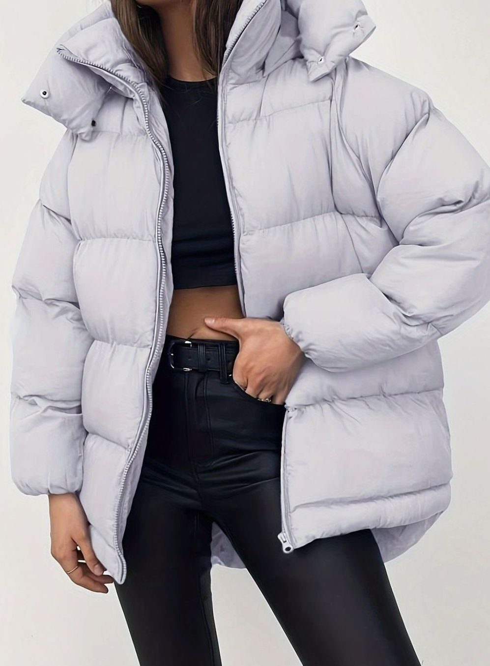 Women's Quilted Zip-Up Stand-Collar Puffer Jacket - Light Grey
