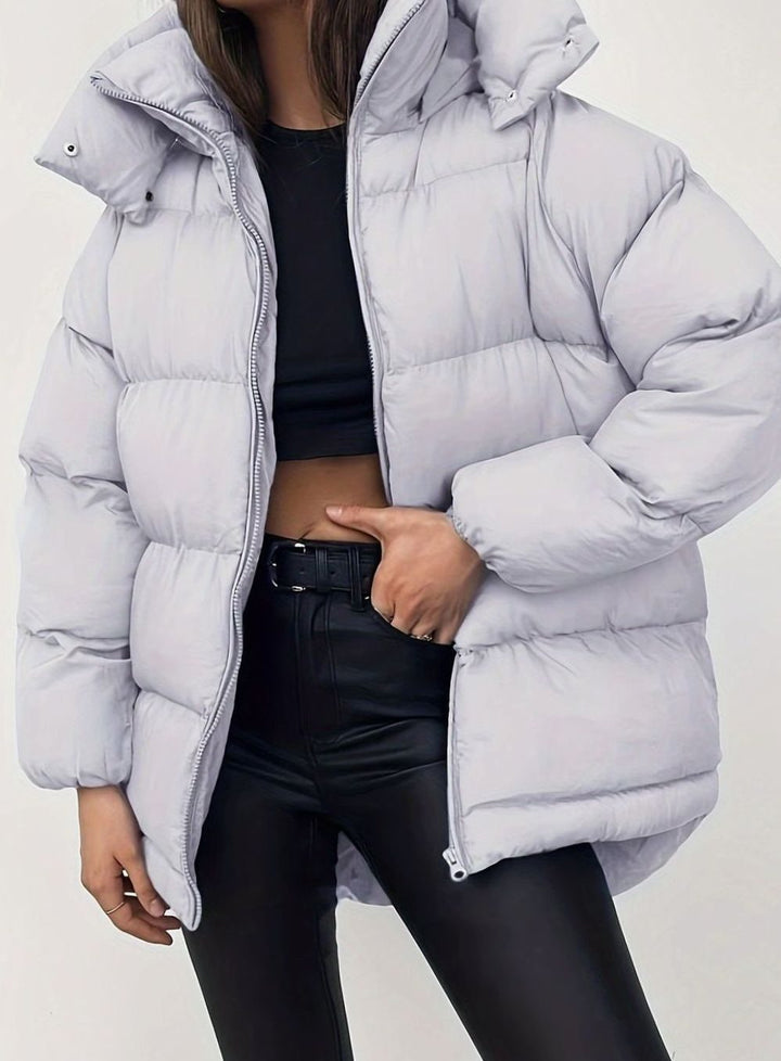 Women's Quilted Zip-Up Stand-Collar Puffer Jacket - Light Grey