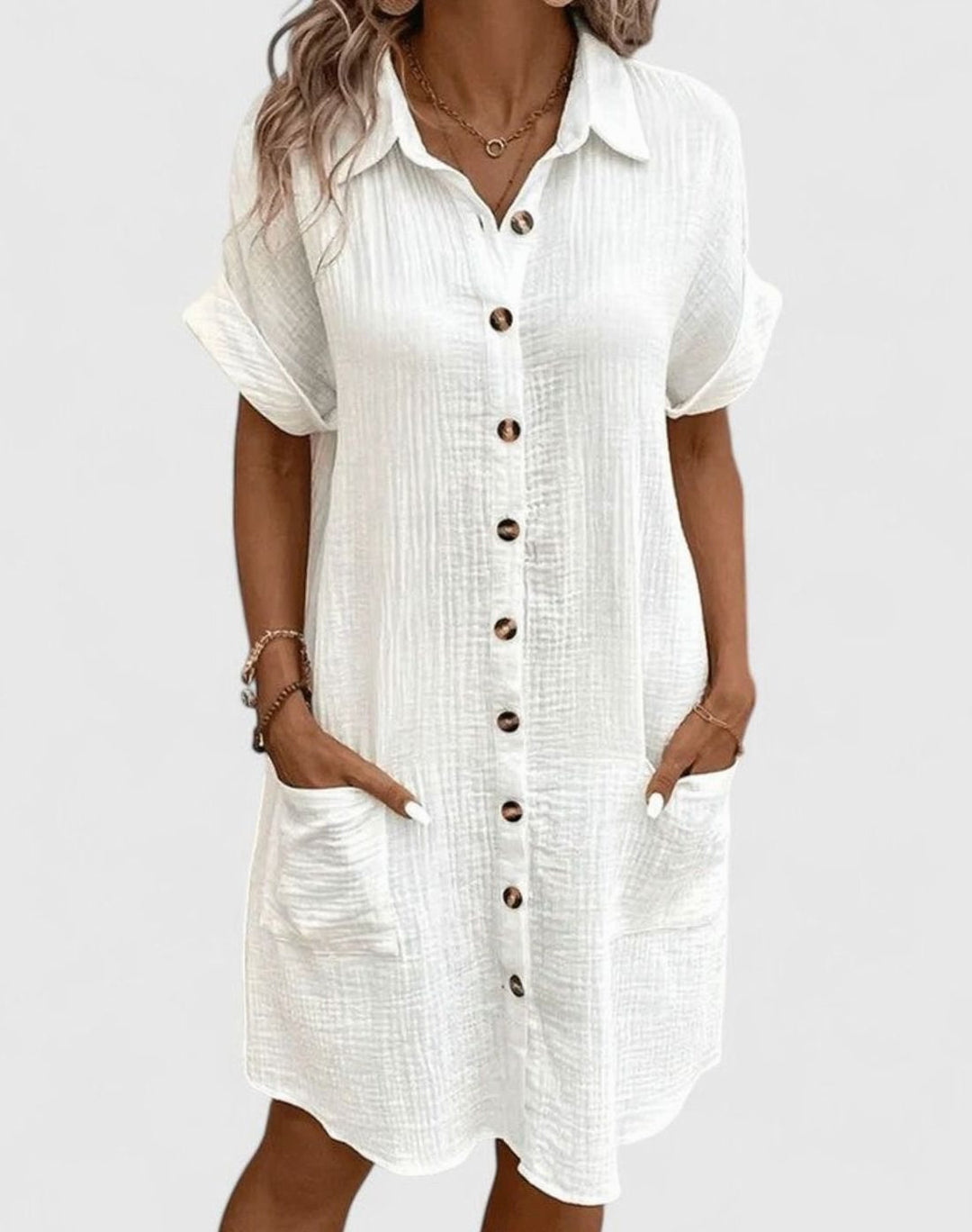 Women's Relaxed-Fit Button-Down Collared Midi Dress - White
