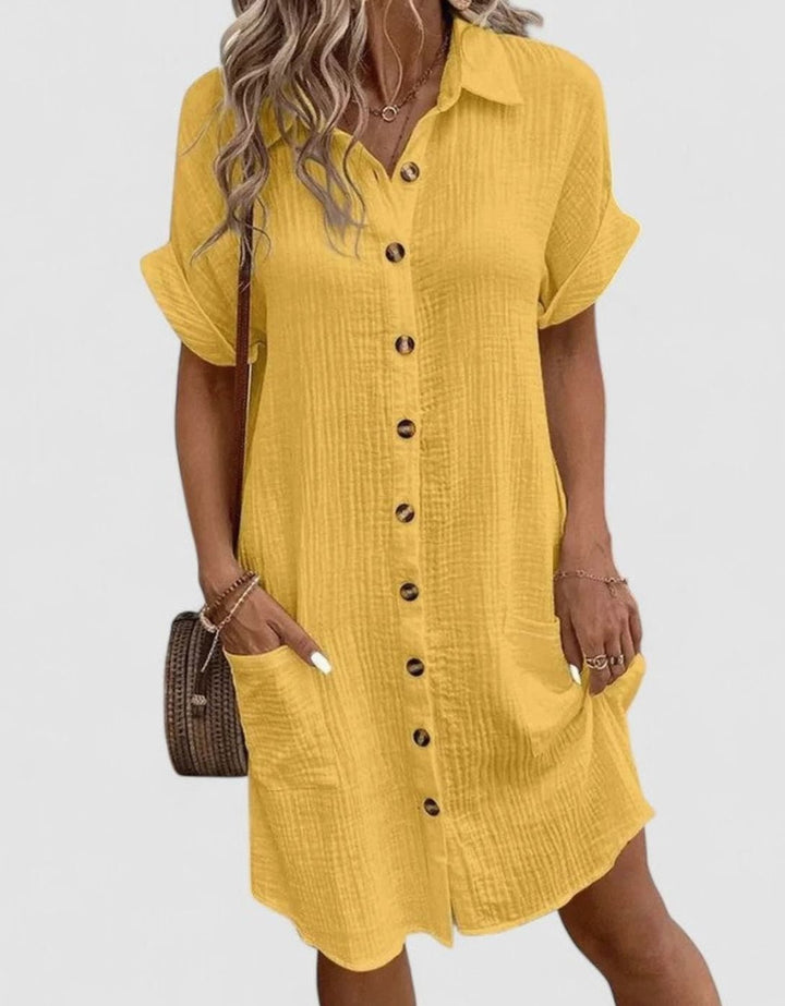Women's Relaxed-Fit Button-Down Collared Midi Dress - Yellow