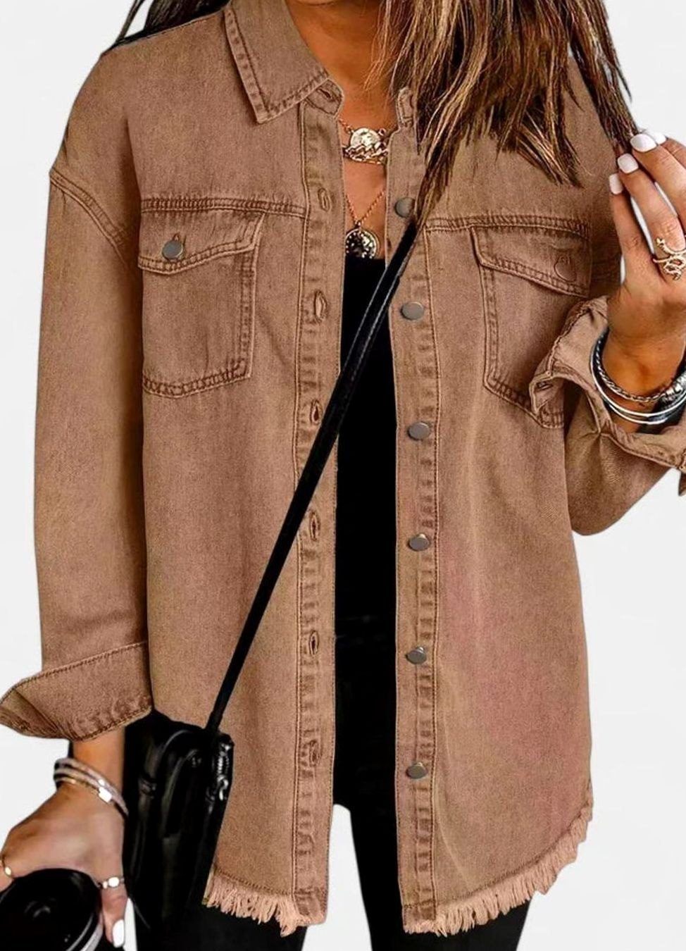 Women's Relaxed-Fit Button-Down Denim Shacket Comfortable Jacket - Brown