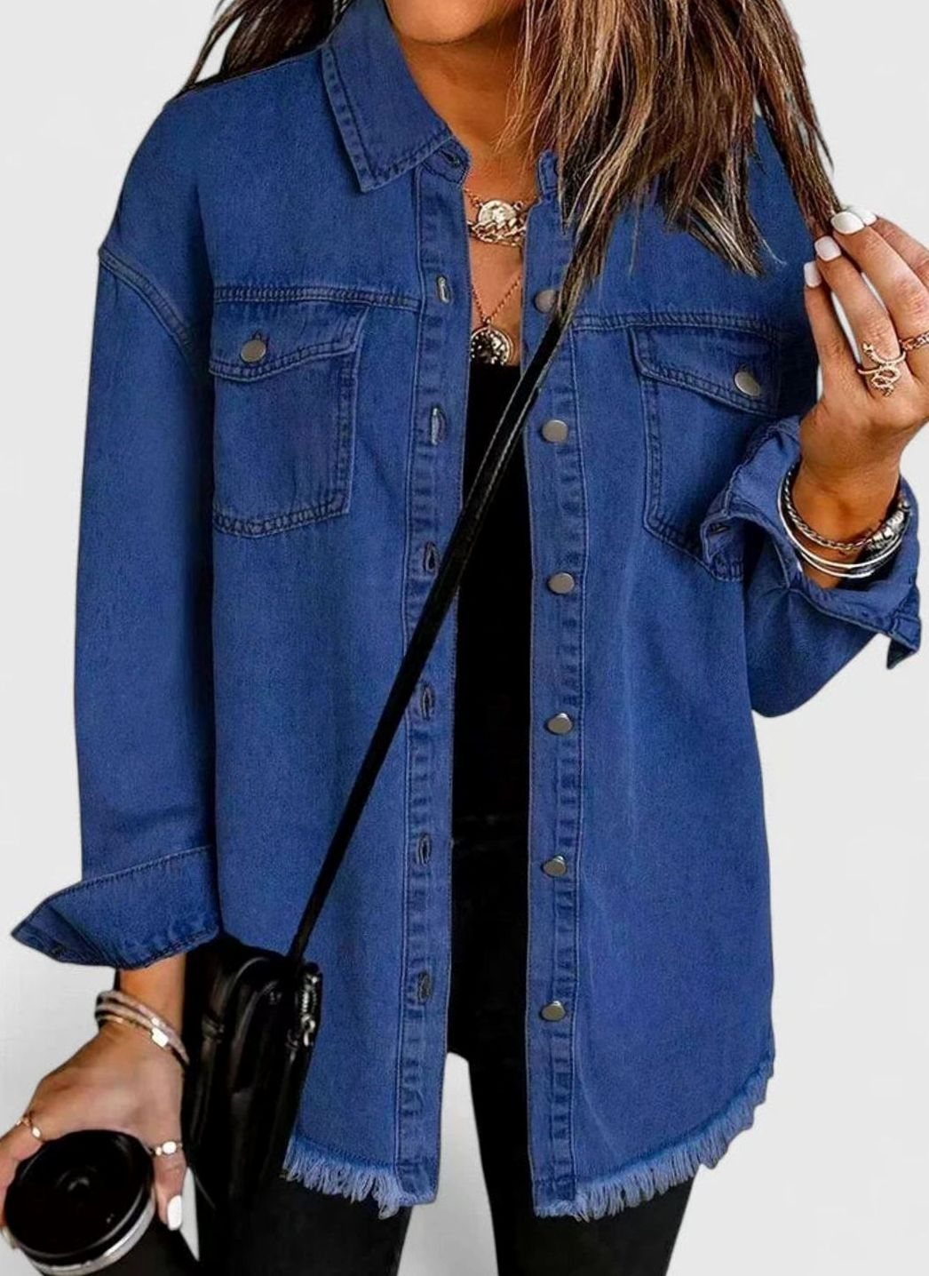Women's Relaxed-Fit Button-Down Denim Shacket Comfortable Jacket - Dark Blue