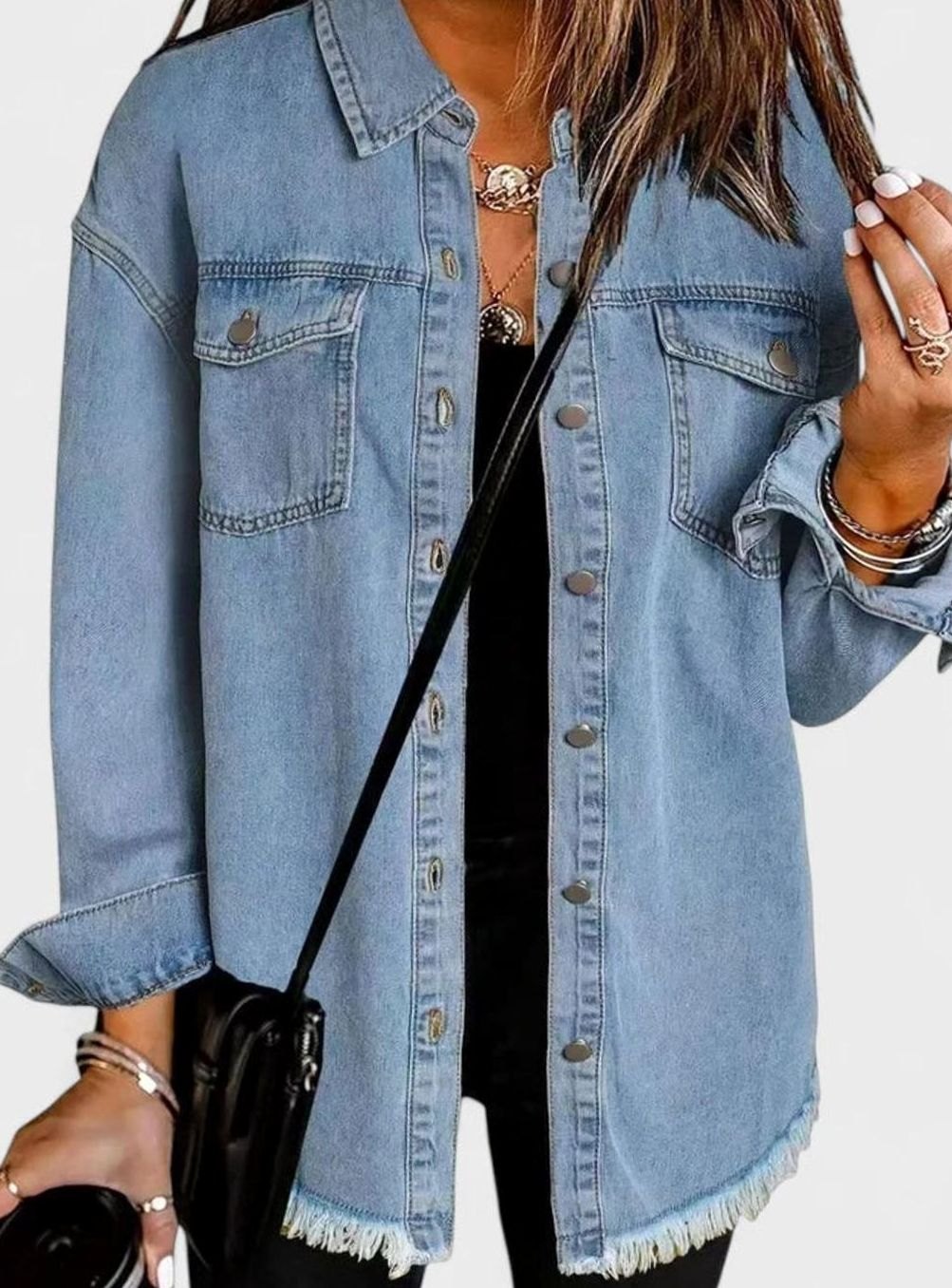 Women's Relaxed-Fit Button-Down Denim Shacket Comfortable Jacket - Light Blue