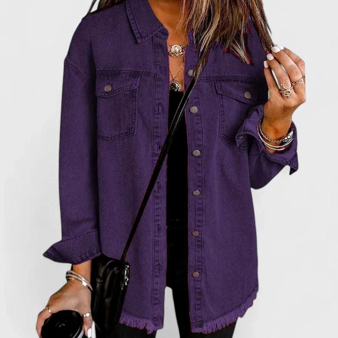 Women's Relaxed-Fit Button-Down Denim Shacket Comfortable Jacket - Purple