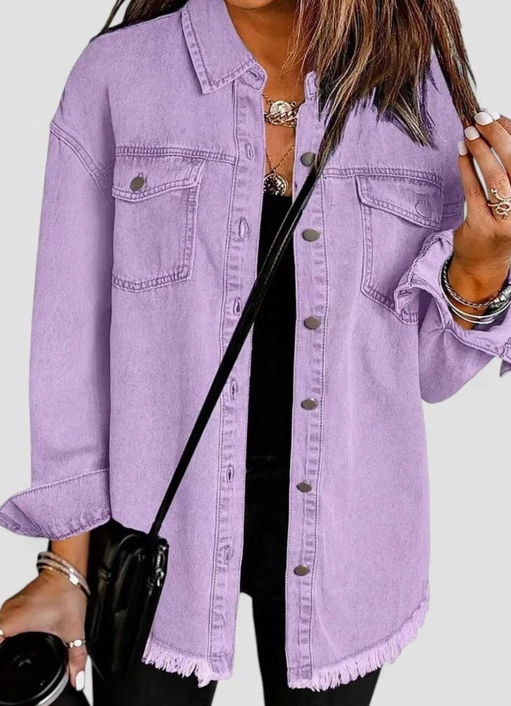 Women's Relaxed-Fit Button-Down Denim Shacket Comfortable Jacket - Lilac