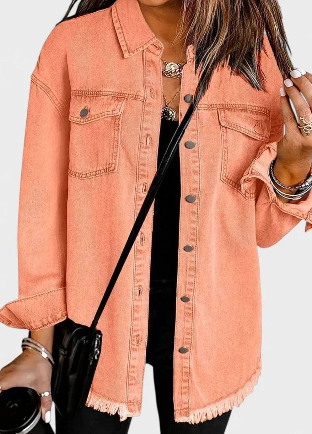 Women's Relaxed-Fit Button-Down Denim Shacket Comfortable Jacket - Peach